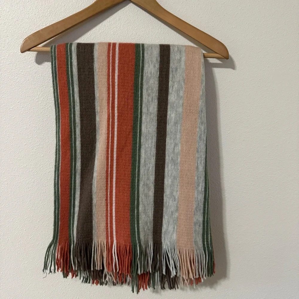 prAna Loli Scarf Weathered Wood Fringe Blanket Orange Green Brown-72x18”